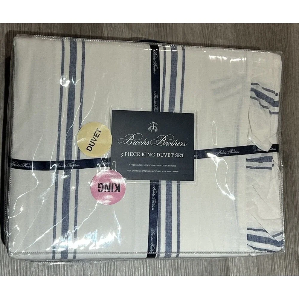 Brooks Brothers White Blue Striped Cotton Ruffled 3 Pc King Duvet Set New